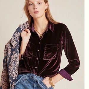 Anthropologie Maeve Karina Crushed Velvet Button Down Shirt Top Plum Purple Sz 6